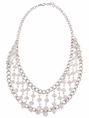 CG Signed Chainmail Silvertone Chain N Clear Crystal Beads Bib Collar Necklace